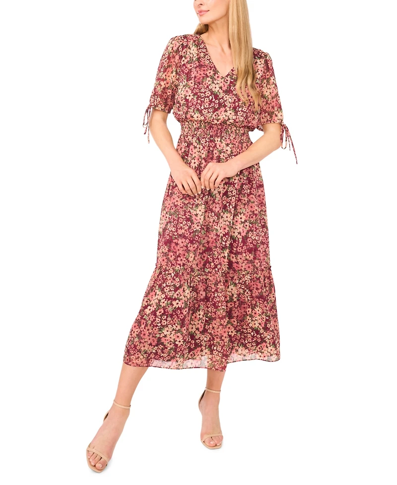 CeCe Women's Smocked Waist V-Neck Maxi Dress
