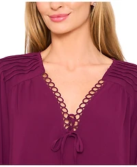 CeCe Women's Circular Trim Pin-Tuck Long Sleeve Blouse