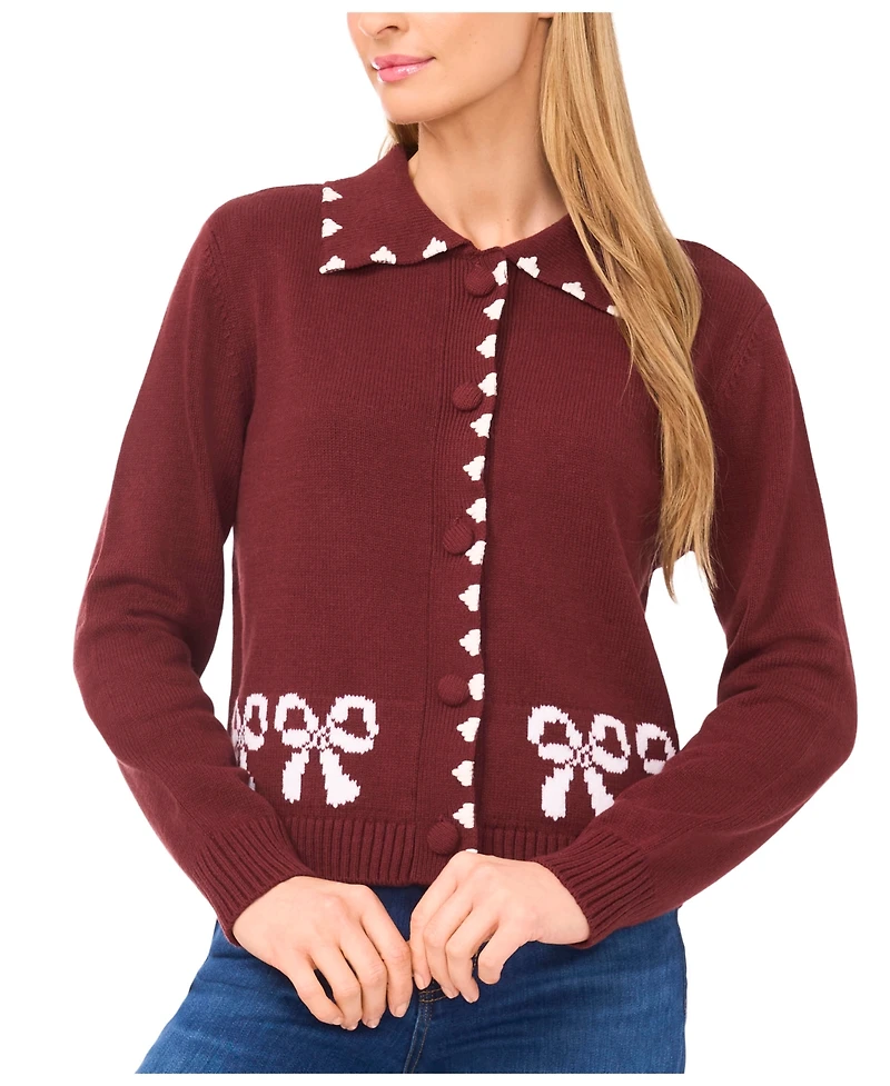 CeCe Women's Ribbon Jacquard Collared Cardigan Sweater