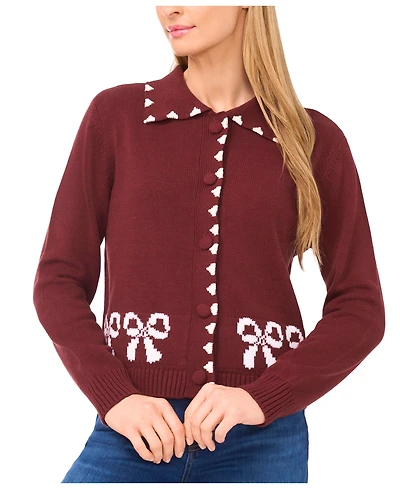 CeCe Women's Ribbon Jacquard Collared Cardigan Sweater
