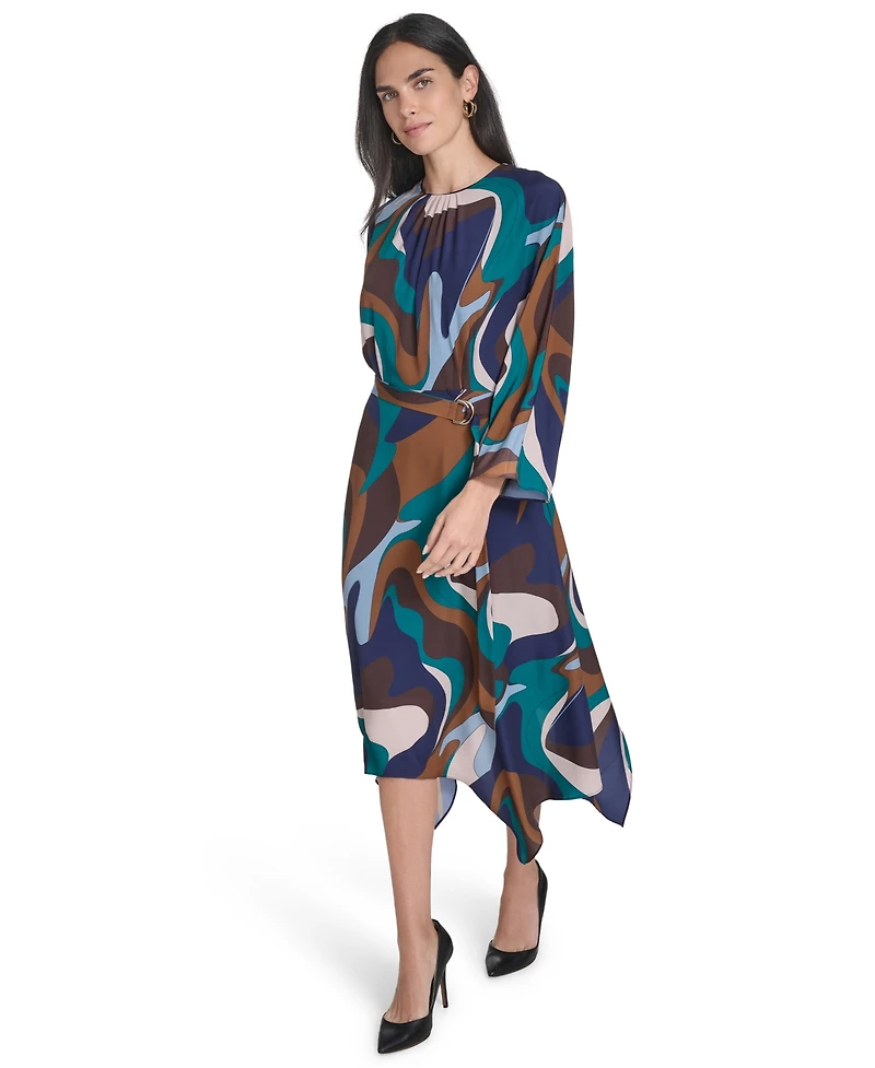 Jessica Howard Petite Crewneck Belted Handkerchief Hem Midi Dress