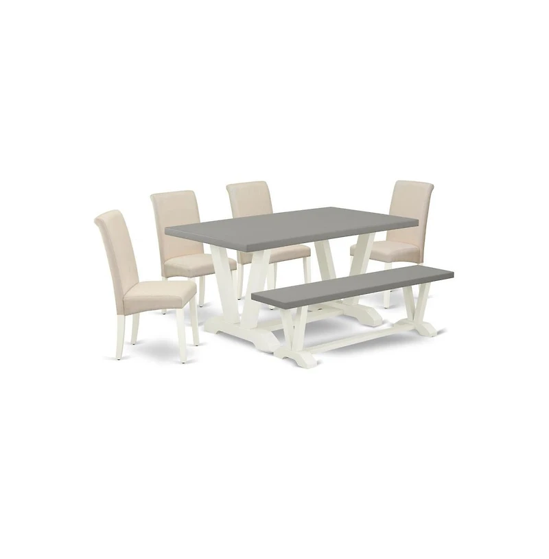 East West Furniture 6-Piece Beautiful Dining Table Set an Excellent Cement Color Dining Table Top and Cement Color Bench and 4 Gorgeous Linen Fabric P