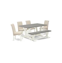 East West Furniture 6-Piece Beautiful Dining Table Set an Excellent Cement Color Dining Table Top and Cement Color Bench and 4 Gorgeous Linen Fabric P