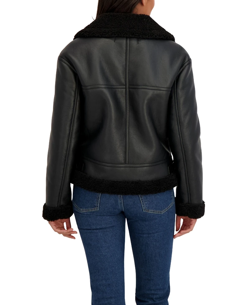 Sebby Collection Women's Assymetrical Moto Faux Shearling Jacket