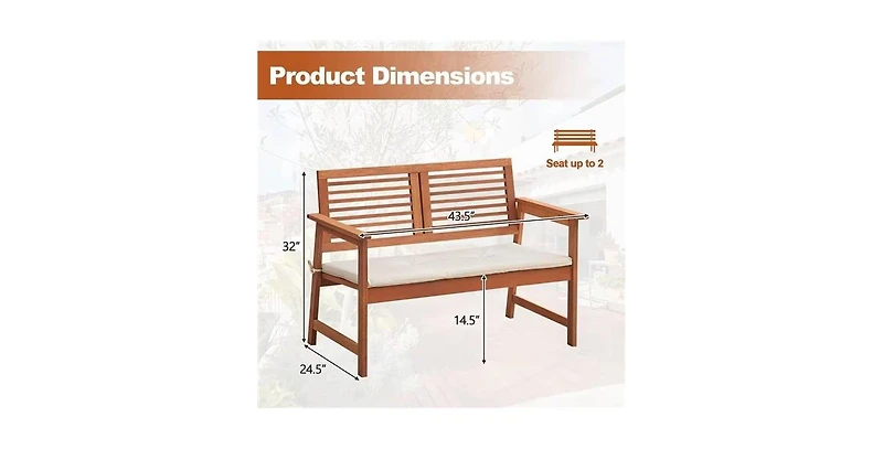 Slickblue Solid Wood Outdoor Patio Garden Bench with Slatted Back, Armrests, and Seat Cushion