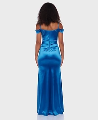 B Darlin Juniors' Cowl-Neck High-Slit Corset Gown, Created for Macy's