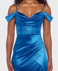 B Darlin Juniors' Cowl-Neck High-Slit Corset Gown, Created for Macy's