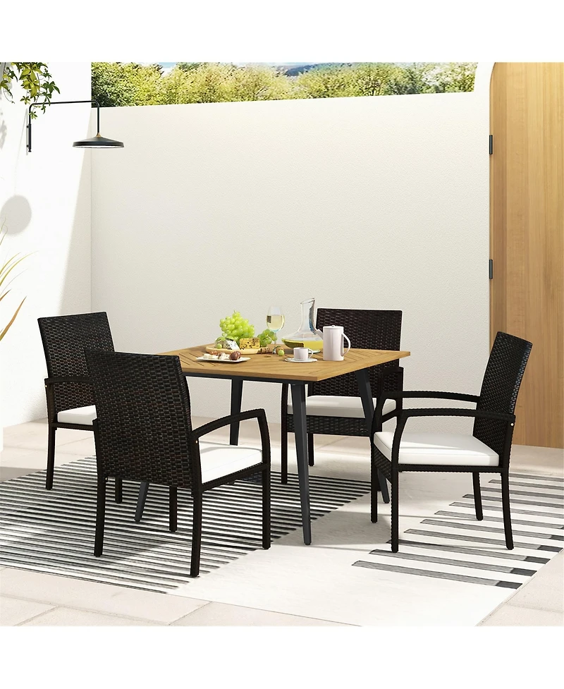 Gymax 5PCS Patio Pe Wicker Dining Set 42.5'' Table w/ 1.9'' Umbrella Hole Chairs