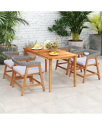 Gymax 5PCS Patio Dining Set Solid Wood Furniture w/ Rattan Backrest & Seat Cushions
