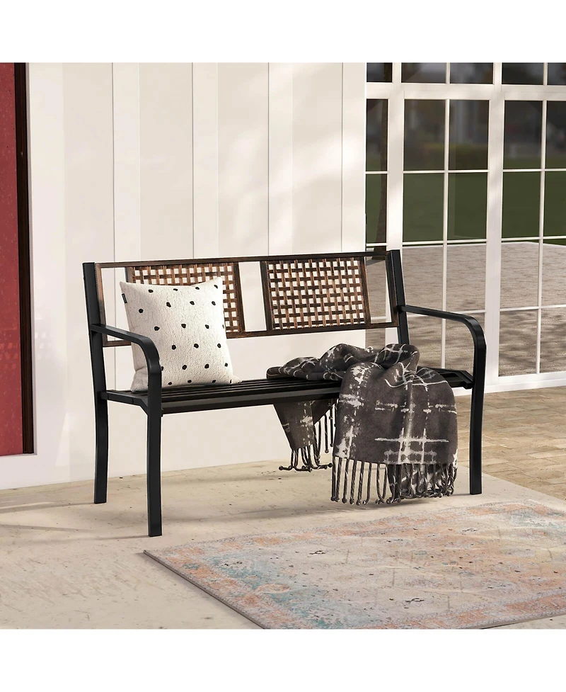 Costway 50" Outdoor Metal Park Bench with Rattan-Like Backrest & Curved Armrests