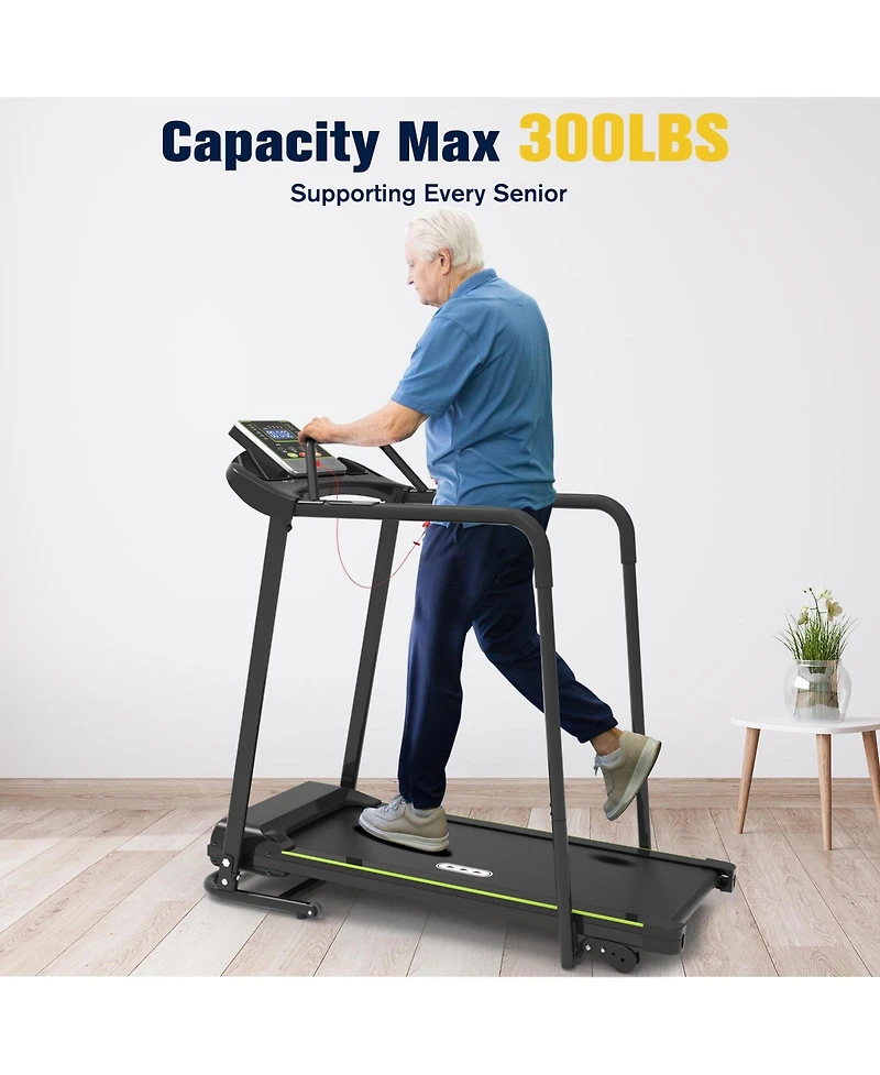 Redliro Senior Treadmill with Long Side Handrails, 300lbs Capacity, Led Display & Heart Rate Sensor, Safe Walking Treadmill for Elderly