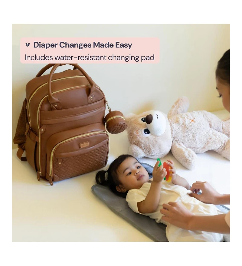 BabbleRoo Premium Faux Leather Diaper Bag Backpack Spacious & Stylish Nappy Organizer Light Brown