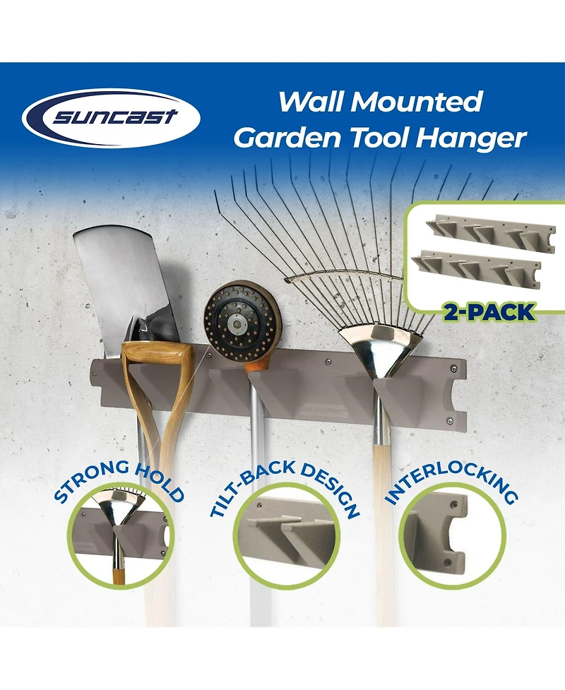 Suncast 2 Foot Wall Mount Long Handled Garden Tool Hanger Organizer (2 pack)