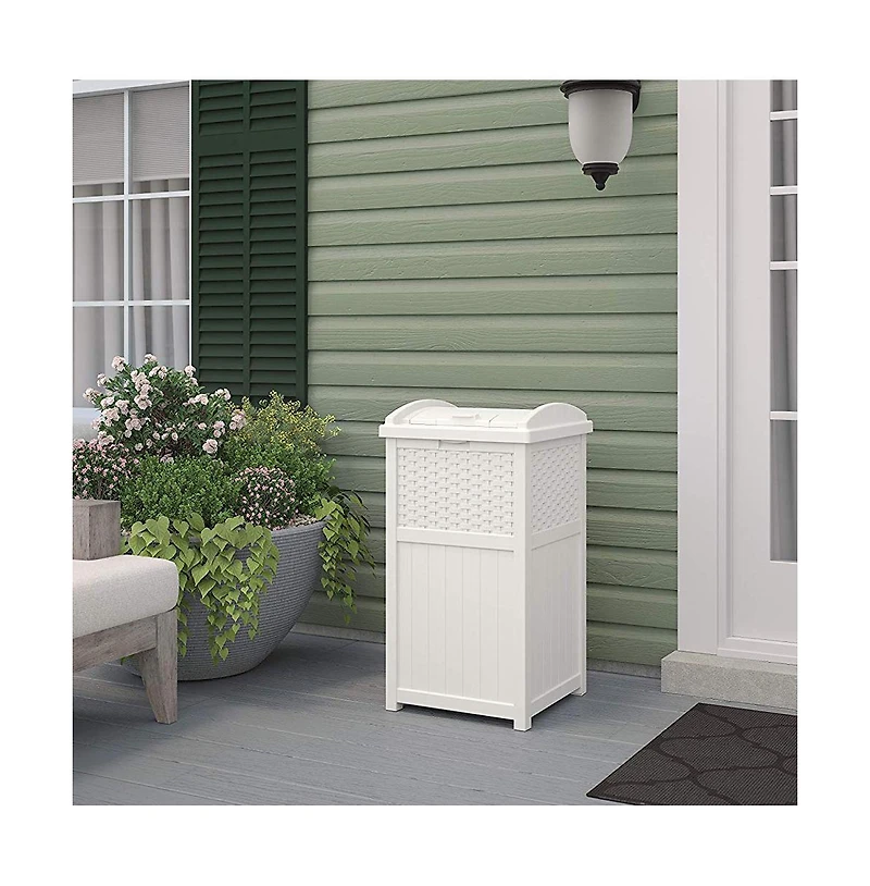 Suncast GHW1732WH Trashcan Hideaway Outdoor 33 Gallon Garbage Waste Bin, White