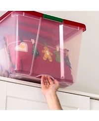 Iris Usa 94 Quart Stackable Holiday Plastic Storage Bins with Lids and Latching Buckles, Clear/Red - 2 Pack