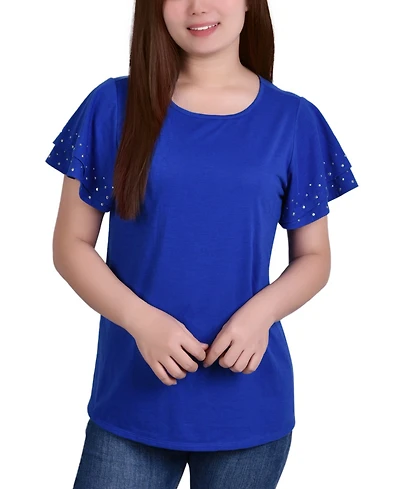 Ny Collection Petite Studded Short Sleeve Top