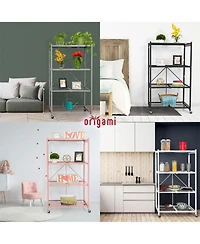 Origami R5-06W Black 4-Wheeled and 4-Shelf Folding Steel Wire Shelving Storage