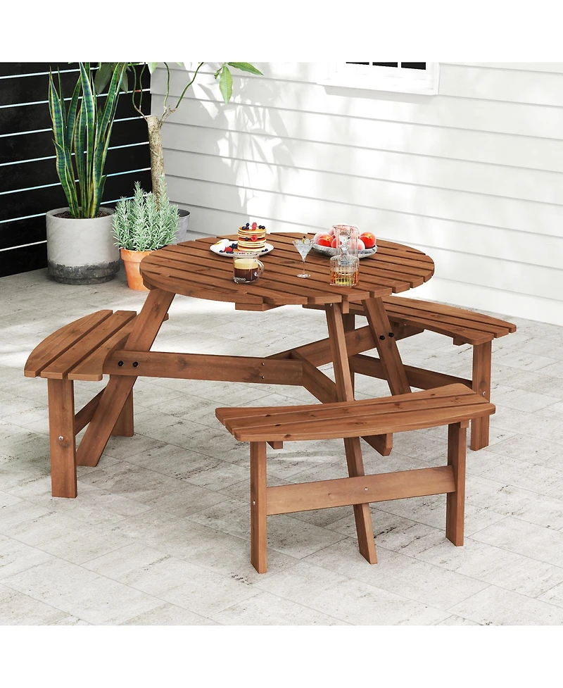 Gymax 6-Person Round Picnic Table Set w/ 3 Built-in Benches 2'' Umbrella Hole