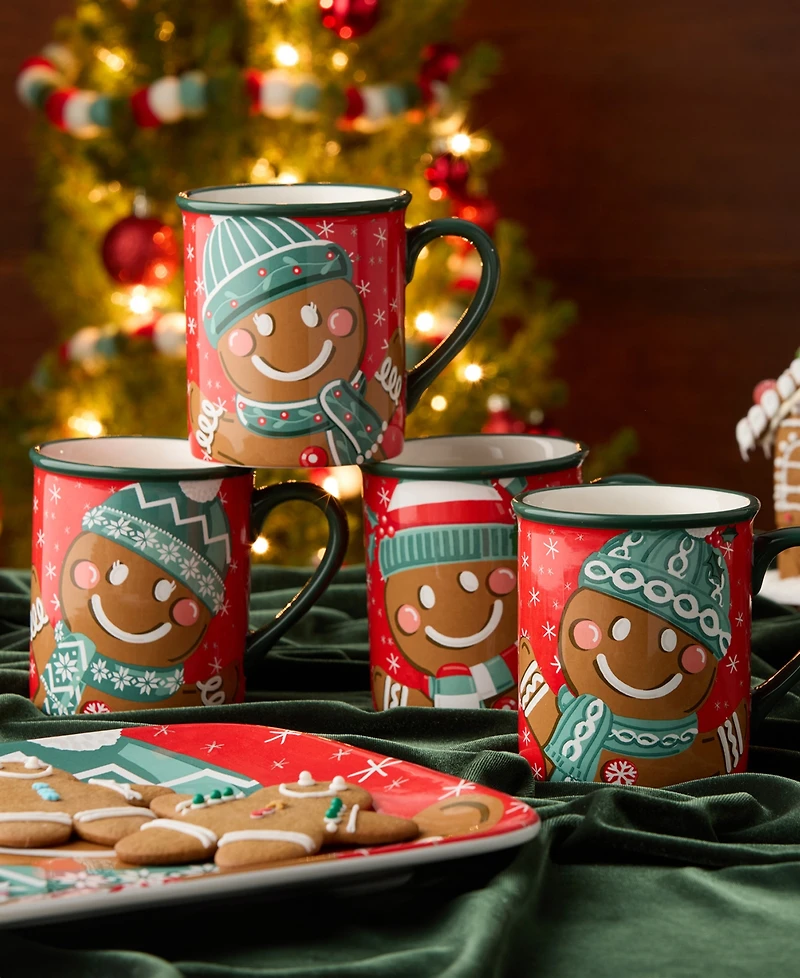 Certified International Christmas Whimsy Gingerbread Mugs, Set of 4