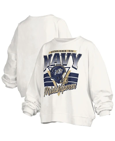 Pressbox Women's White Navy Midshipmen Oversized Janice Retro Waist-Length Pullover Sweatshirt