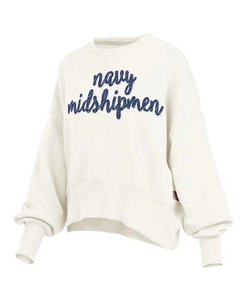 Pressbox Women's Cream Navy Midshipmen Oversized Chelsea Waist Length Pullover Sweatshirt