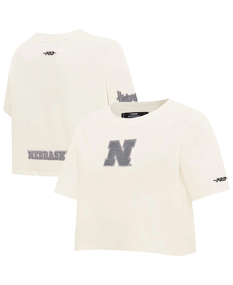 Pro Standard Women's Cream Nebraska Huskers Reverse French Terry Boxy Cropped T-Shirt