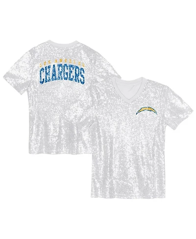 Outerstuff Big Girls White Los Angeles Chargers Wordmark Sequin V-Neck Top