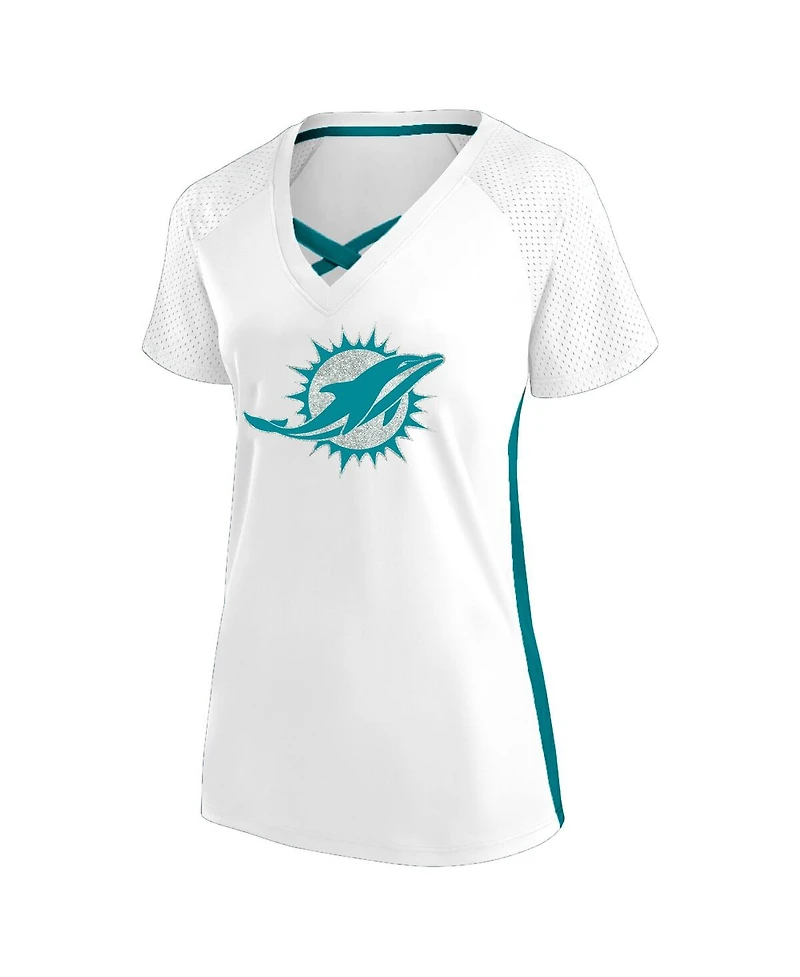 Fanatics Women's White Miami Dolphins Plus Glitter Lace-Up V-Neck T-Shirt