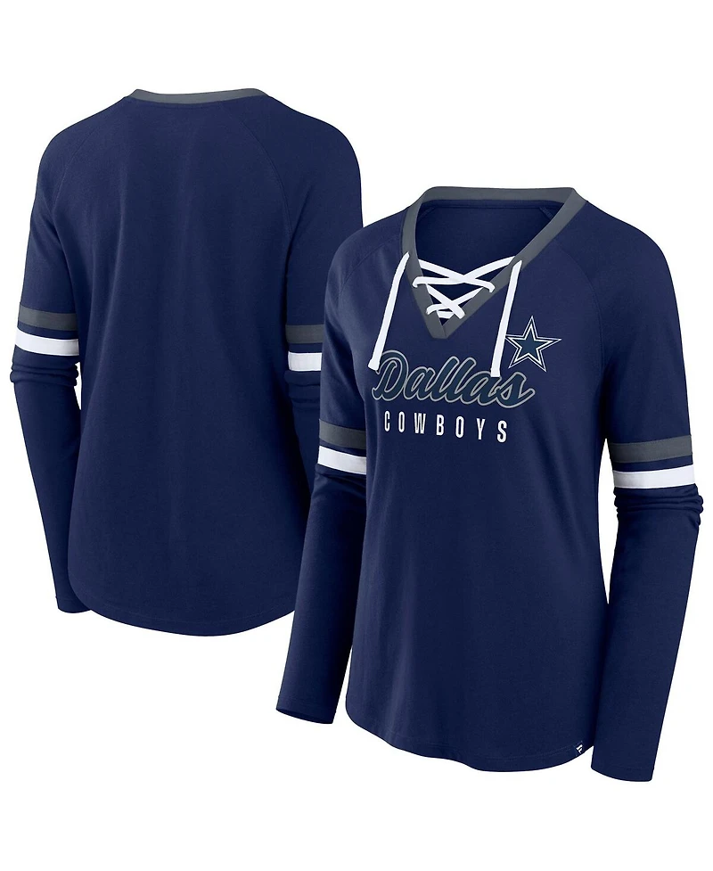 Fanatics Women's Navy Dallas Cowboys Plus Won Done Lace-Up V-Neck Long Sleeve T-Shirt