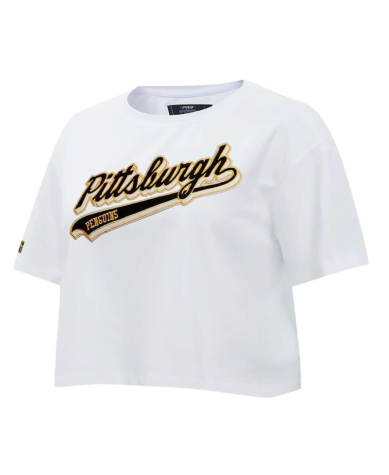 Pro Standard Women's White Pittsburgh Penguins Boxy Script Tail Cropped T-Shirt