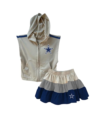 Wes & Willy Girls Toddler 3-Piece Silver/Navy Dallas Cowboys Sleeveless Full-Zip Hoodie and Three Tier Skirt Set