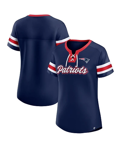 Fanatics Women's Navy New England Patriots True Catch Iconic Rhinestone Bling Athena Lace-Up T-Shirt
