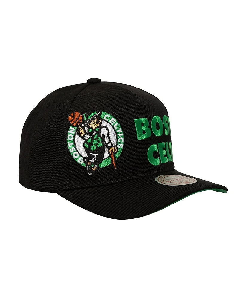 Mitchell & Ness Men's Black Boston Celtics Busted Logo Wordmark Wrap-Around Pro Pinch Adjustable Hat