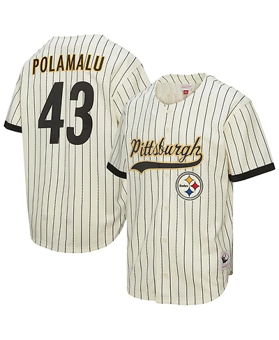 Mitchell & Ness Men's Troy Polamalu Cream Pittsburgh Steelers Name Number Mesh Button-Up Baseball Jersey