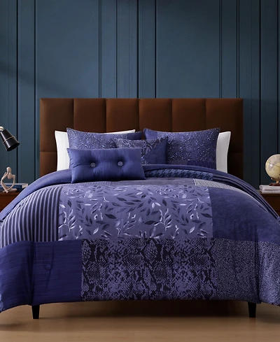 Bebejan Blue Denim Patchwork Bedding 100% Cotton Sateen 5 Piece King Size Reversible Comforter Set