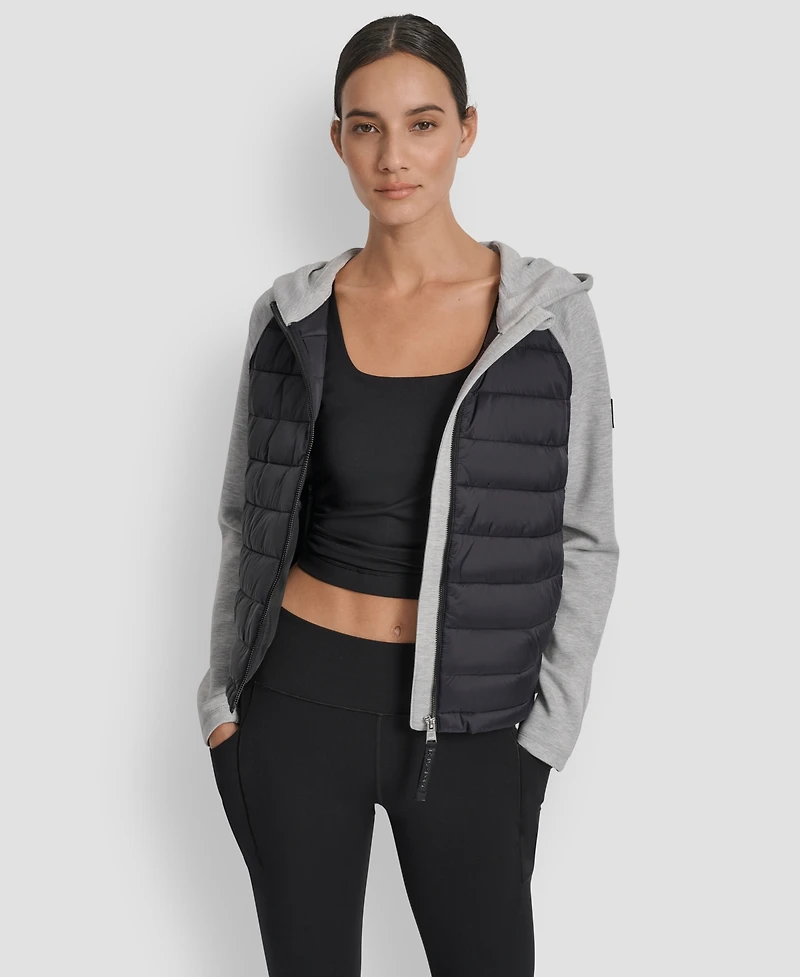 Dkny Women's High Low Hem Scuba Mixed Quilted Puffer Jacket