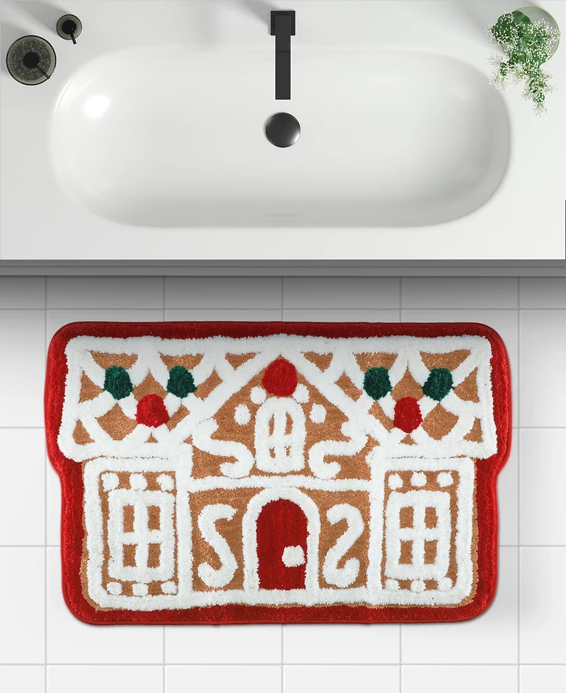 Holly Bells Gingerbread House Bath Rug, 20" x 32"