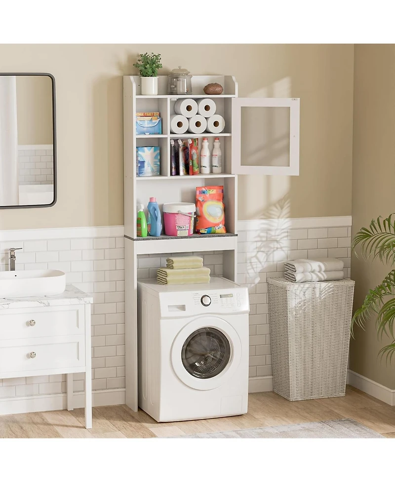 Vanirror White Over The Bathroom Storage Cabinet, Freestanding Wood Space-Saving Organizer with Glass Door & Adjustable Shelves