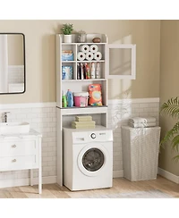 Vanirror White Over The Bathroom Storage Cabinet, Freestanding Wood Space-Saving Organizer with Glass Door & Adjustable Shelves