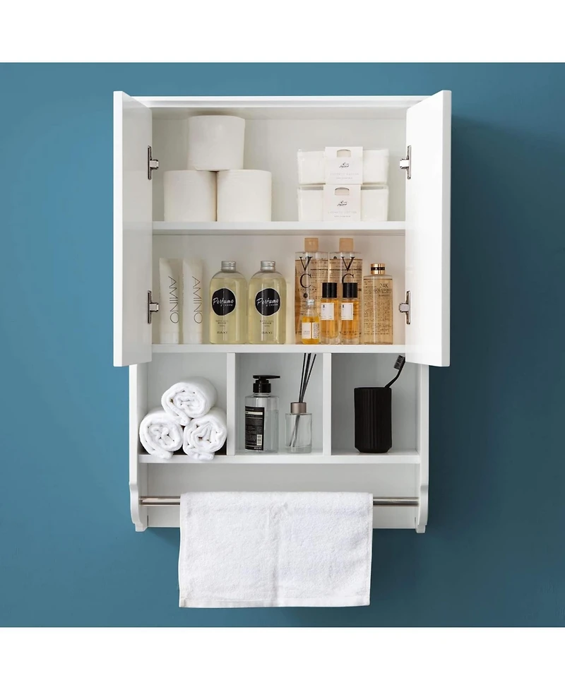 Vanirror 23x32" White Bathroom Wall Cabinet with Towel Bar & Adjustable Shelves - Over Storage for Bath, Kitchen, Laundry