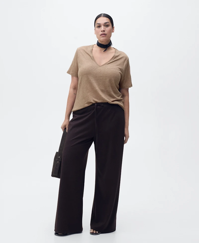 Mango Women's V-Neck Linen T-Shirt