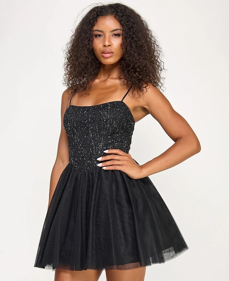 Seni & Cade Juniors' Sequin Top Tulle Bottom Short Dress