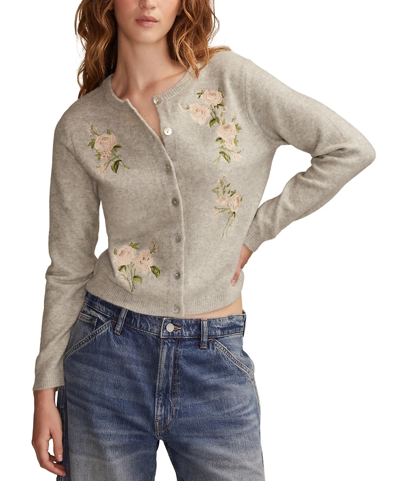 Lucky Brand Women's Cloud Soft Embroidered Crewneck Cardigan
