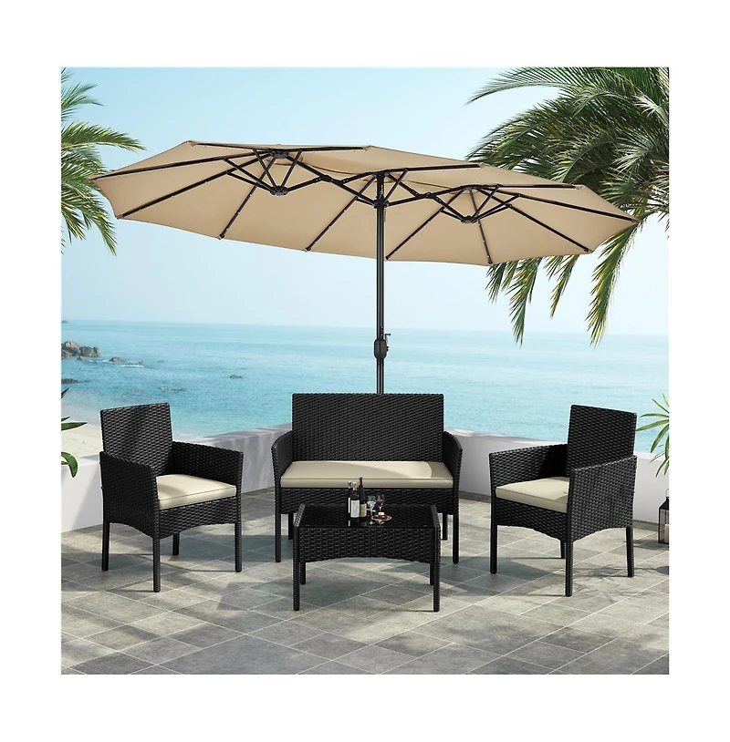 Yaheetech 4-Piece Outdoor Reception Set with 1 2-Seat Sofa, 2 Single-Seat Sofa and 1 Coffee Table, Black/Beige
