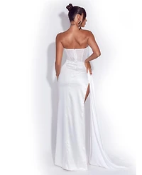 Miss Circle Women Holly White Crystallized Corset High Slit Satin Gown