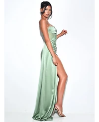Miss Circle Women Holly Basil Crystallized Corset High Slit Satin Gown