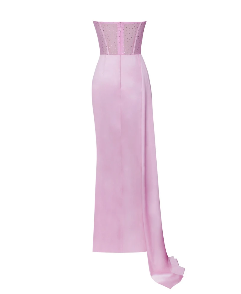 Miss Circle Women's Holly Pink Crystallized Corset High Slit Satin Gown