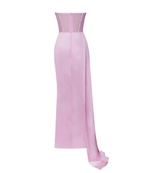 Miss Circle Women's Holly Pink Crystallized Corset High Slit Satin Gown