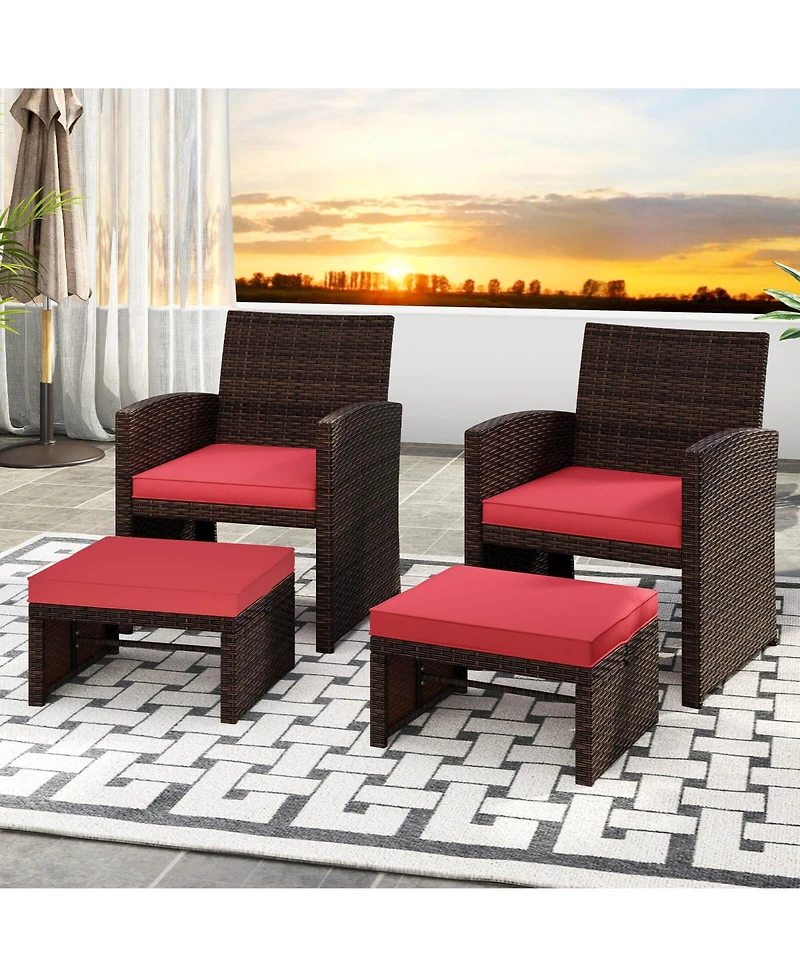 Costway Patio Pe Rattan Ottomans with Soft Zippered Cushions for Deck Outdoor