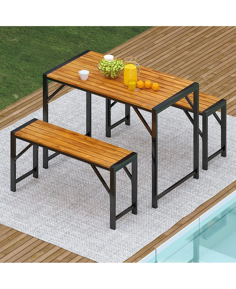 Gymax 3 Pcs Dining Set for 4 People Outdoor Picnic Table & 2 Benches w/ Metal Frame